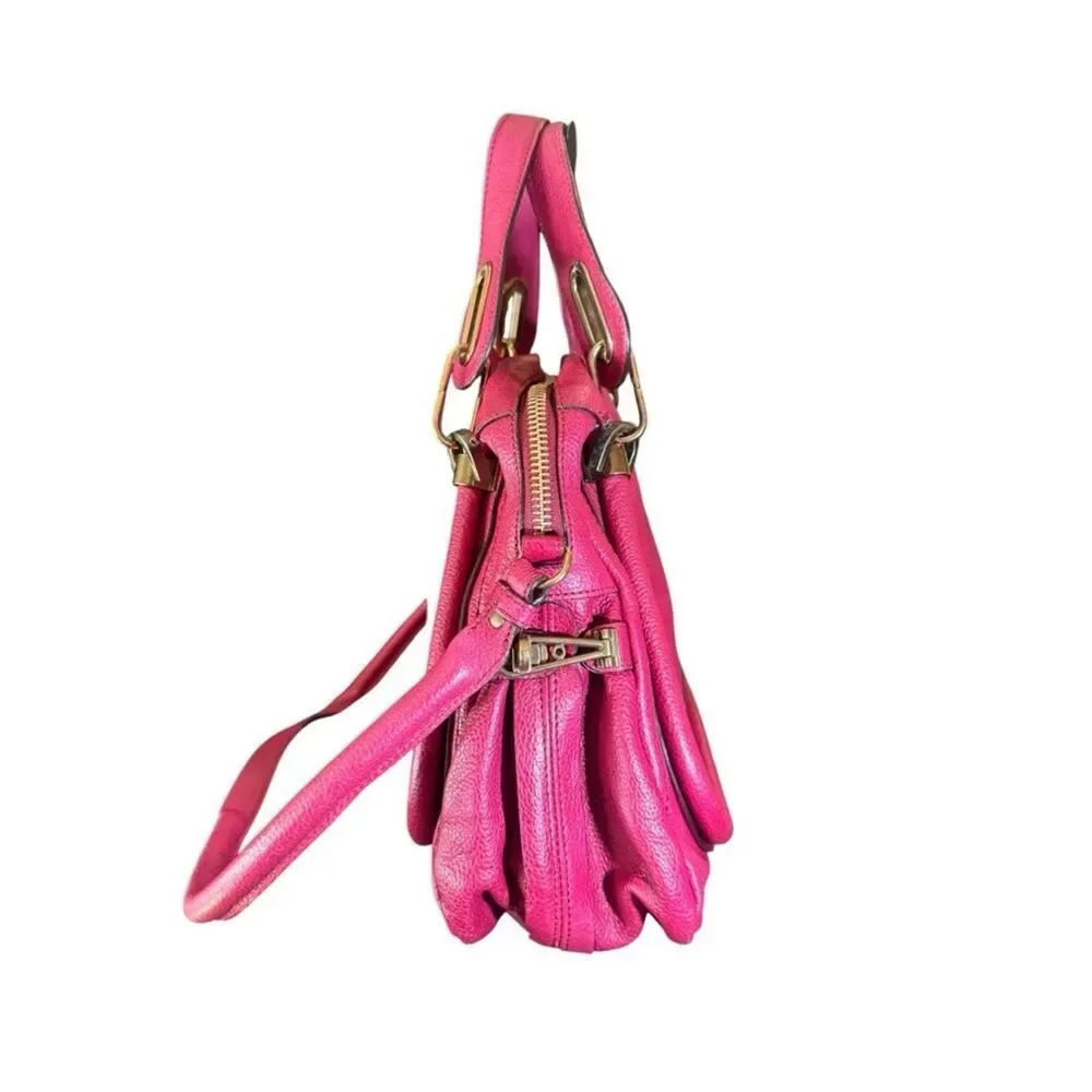 Chloe Fuchsia Pink Leather Medium Paraty 2way Satchel with Charm Auth